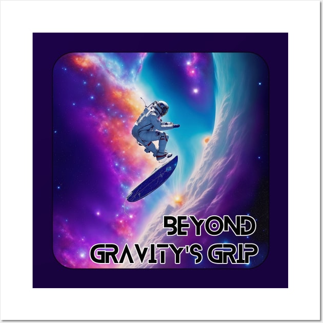 Beyond Gravity's Grip: The Astral Surfer's Dance Across Celestial Waves (purple border) Wall Art by Nebula Nexus